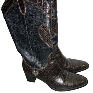 BRIGHTON Toby Brown Croc Black Leather Western Cowboy Heart Boots Size 7.5